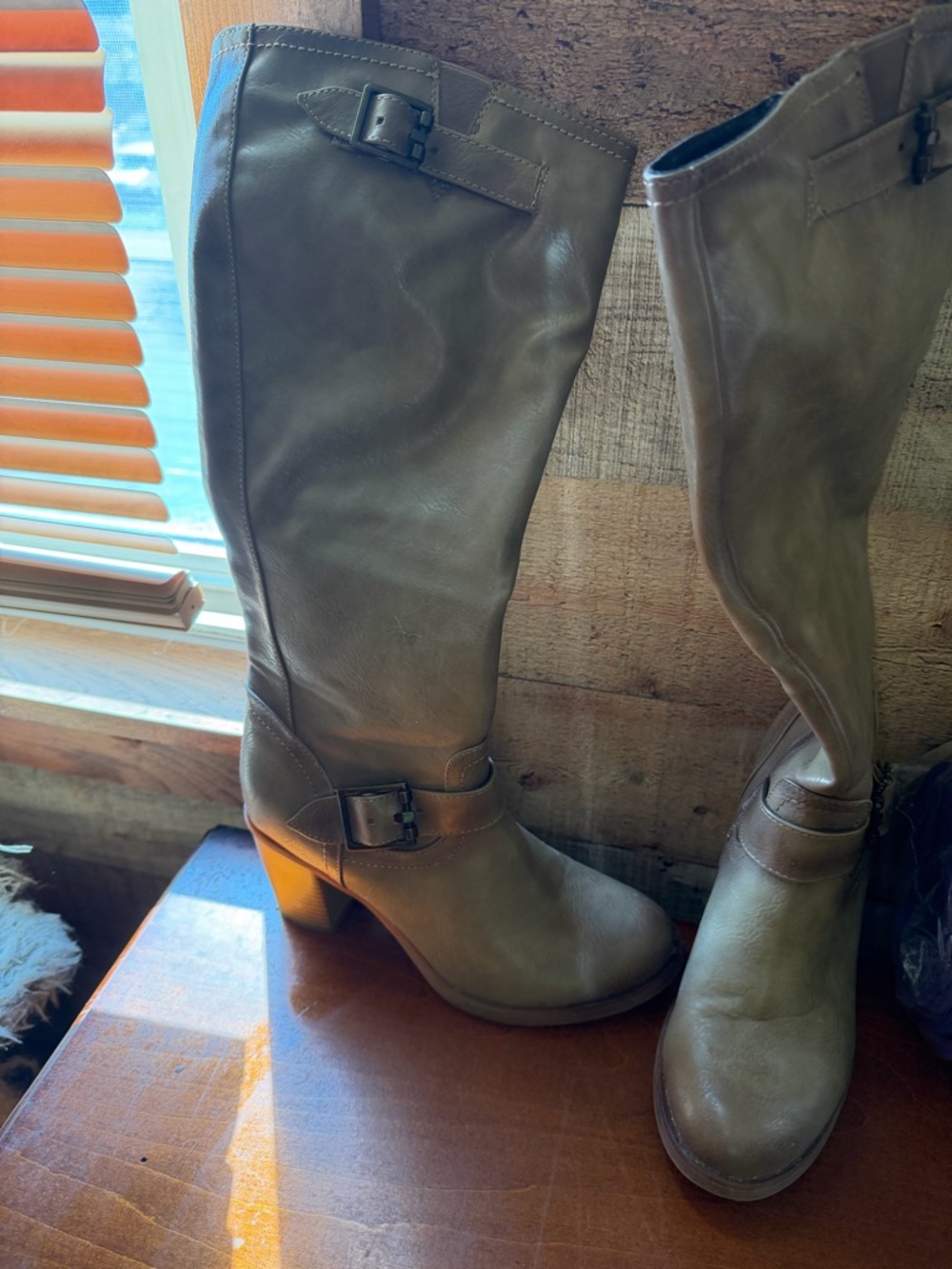 Shoe Dazzle Olive-Brown Knee-High Buckle Heeled Boots